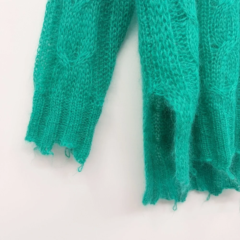 Anthropologie The Posey‎ Stitchy Distressed Mohair Sweater in Green Size Small - Picture 7 of 11